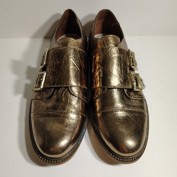 Anthropologie Kelsey Dagger Brooklyn Copper Foiled Buckle Loafers Metallic SZ 10 - Picture 6 of 13